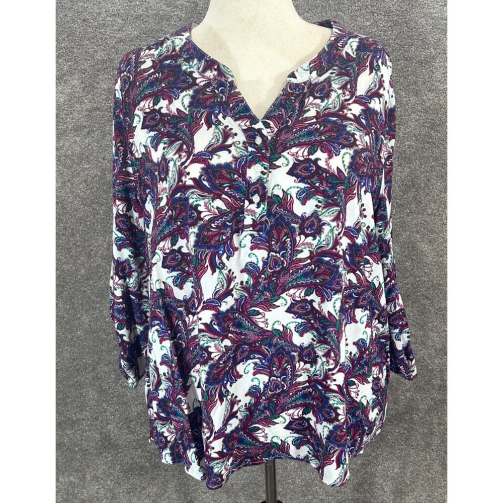 Laura Scott Top Womens 2X Purple Paisley Henley V Neck Rayon Roll Tab Blouse - Picture 3 of 9